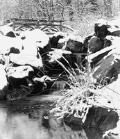 Snow covered rocks and waterfall in Central Park, New York City
